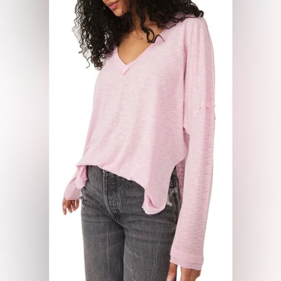 Free People On My Mind V-Neck Shirt in Flower Trail (Pink) - Picture 1 of 5
